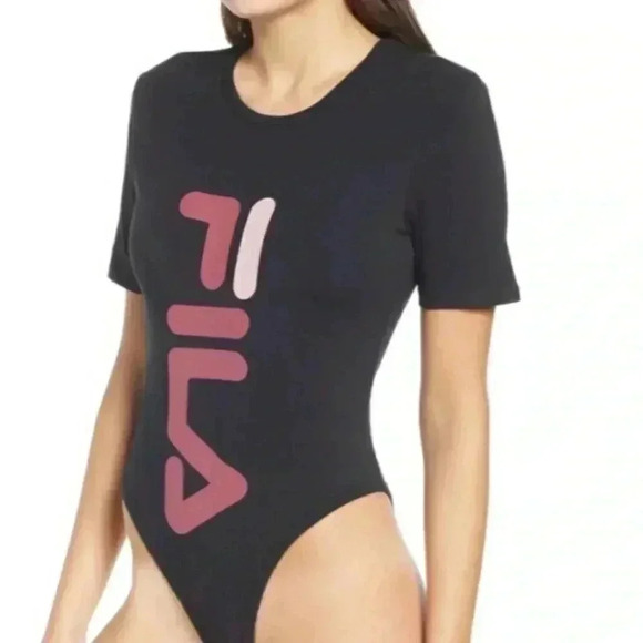 Fila Tops - FILA Women’s Quinn Logo Bodysuit Black Short Sleeve Stretch Activewear S